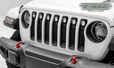 T-Rex Grilles - T REX Jeep Wrangler JL - STEALTH Torch Series w/ (7) 2" Round LED Lights - 1 Piece Frame & Formed Wire Mesh - 6314931-BR